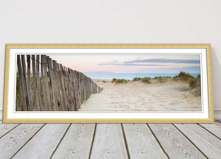 Sand dunes at sunrise. Panoramic framed picture print, beach/coastal scene