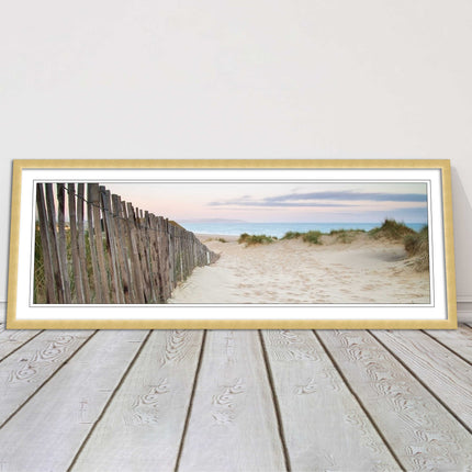 Sand dunes at sunrise. Panoramic framed picture print, beach/coastal scene