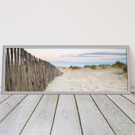 Sand dunes at sunrise. Panoramic framed picture print, beach/coastal scene