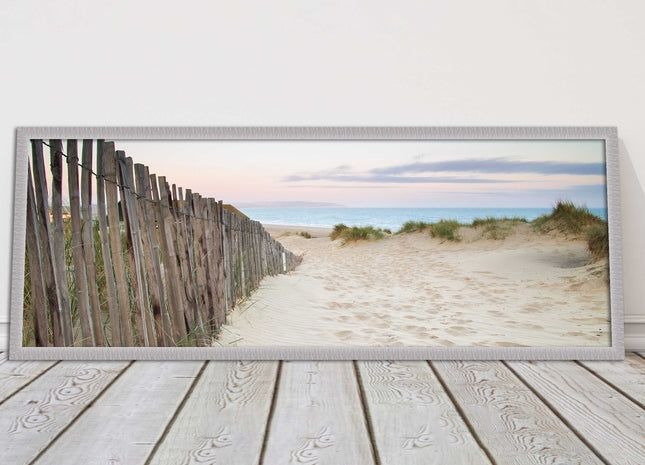 Sand dunes at sunrise. Panoramic framed picture print, beach/coastal scene