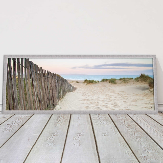 Sand dunes at sunrise. Panoramic framed picture print, beach/coastal scene