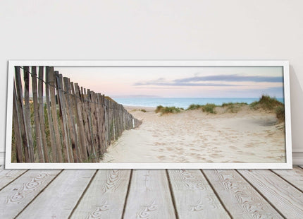 Sand dunes at sunrise. Panoramic framed picture print, beach/coastal scene