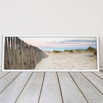 Sand dunes at sunrise. Panoramic framed picture print, beach/coastal scene