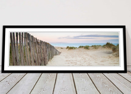 Sand dunes at sunrise. Panoramic framed picture print, beach/coastal scene