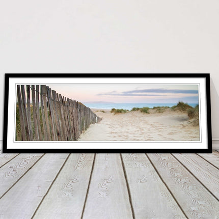 Sand dunes at sunrise. Panoramic framed picture print, beach/coastal scene