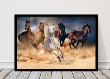 Wild horses galloping through sand. Framed picture choice on frames