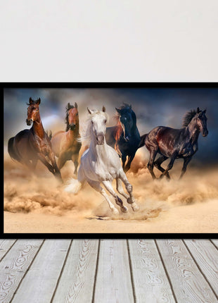 Wild horses galloping through sand. Framed picture choice on frames