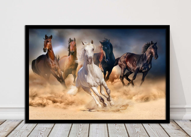 Wild horses galloping through sand. Framed picture choice on frames
