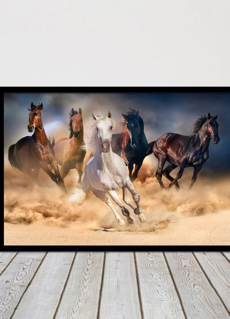Wild horses galloping through sand. Framed picture choice on frames