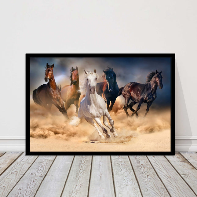 Wild horses galloping through sand. Framed picture choice on frames