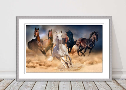 Wild horses galloping through sand. Framed picture choice on frames