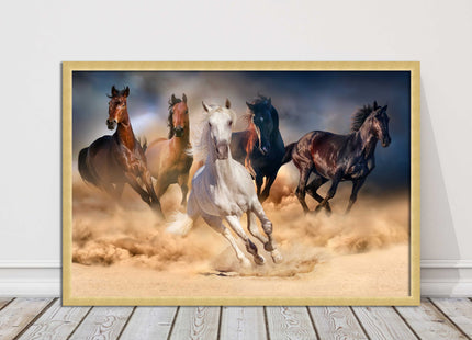Wild horses galloping through sand. Framed picture choice on frames