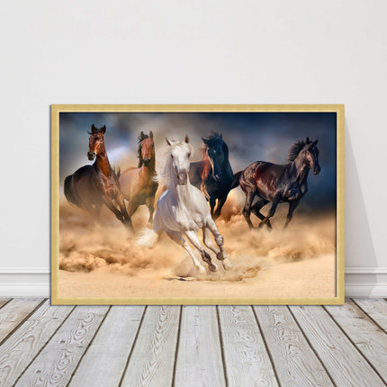 Wild horses galloping through sand. Framed picture choice on frames
