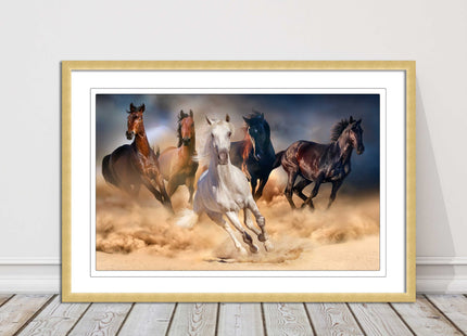 Wild horses galloping through sand. Framed picture choice on frames