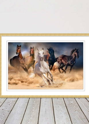 Wild horses galloping through sand. Framed picture choice on frames