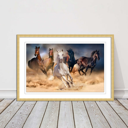 Wild horses galloping through sand. Framed picture choice on frames