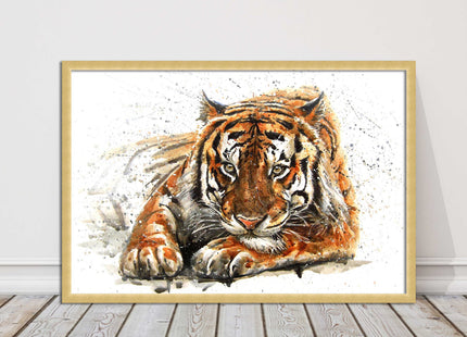 Tiger painting with paint splash modern art. Printed picture and framed