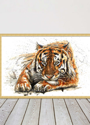 Tiger painting with paint splash modern art. Printed picture and framed