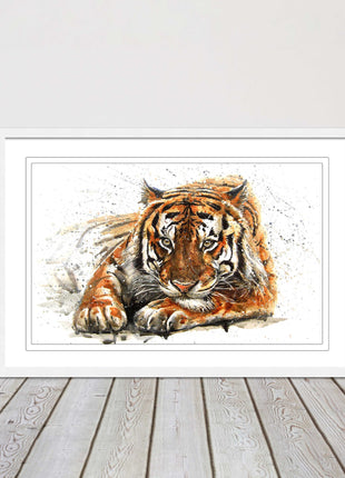 Tiger painting with paint splash modern art. Printed picture and framed
