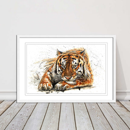 Tiger painting with paint splash modern art. Printed picture and framed