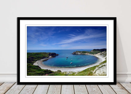 Lulworth Cove, Jurassic coast. Sea view. Framed picture print choice of colours