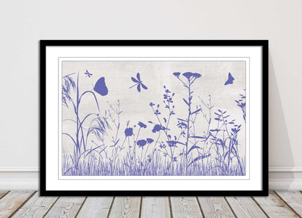 Purple Wild flowers and butterfly. Framed picture with choice of frame colours