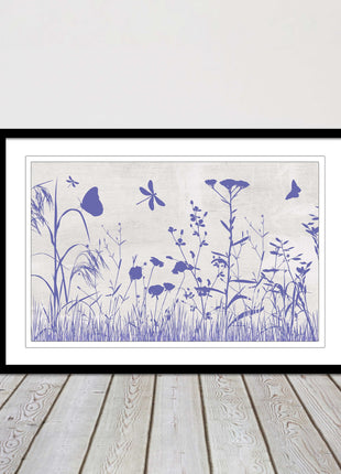 Purple Wild flowers and butterfly. Framed picture with choice of frame colours