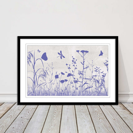 Purple Wild flowers and butterfly. Framed picture with choice of frame colours