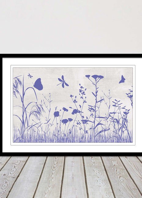 Purple Wild flowers and butterfly. Framed picture with choice of frame colours