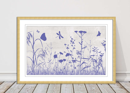 Purple Wild flowers and butterfly. Framed picture with choice of frame colours