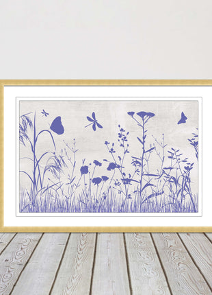 Purple Wild flowers and butterfly. Framed picture with choice of frame colours