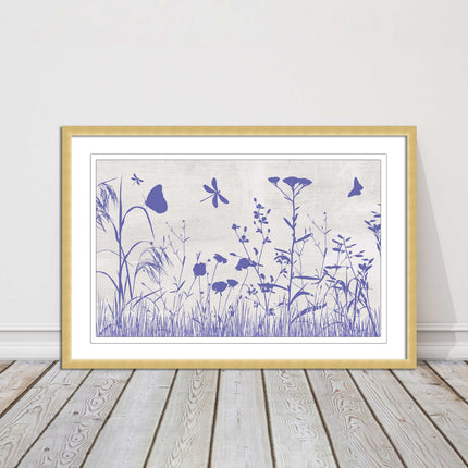 Purple Wild flowers and butterfly. Framed picture with choice of frame colours