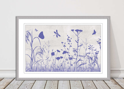 Purple Wild flowers and butterfly. Framed picture with choice of frame colours