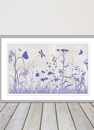 Purple Wild flowers and butterfly. Framed picture with choice of frame colours