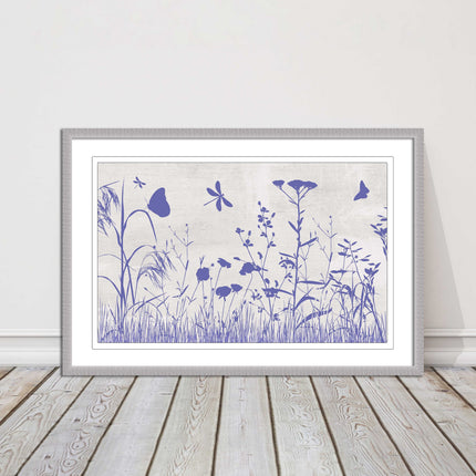 Purple Wild flowers and butterfly. Framed picture with choice of frame colours