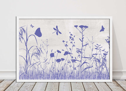 Purple Wild flowers and butterfly. Framed picture with choice of frame colours