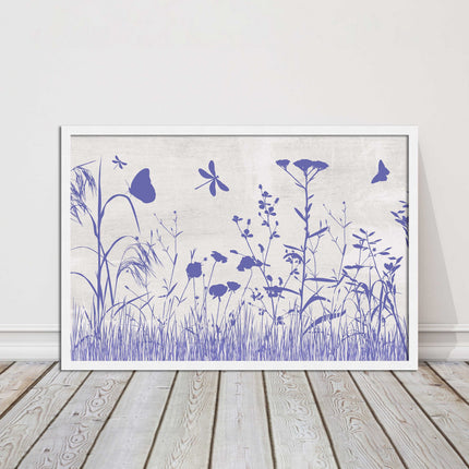 Purple Wild flowers and butterfly. Framed picture with choice of frame colours