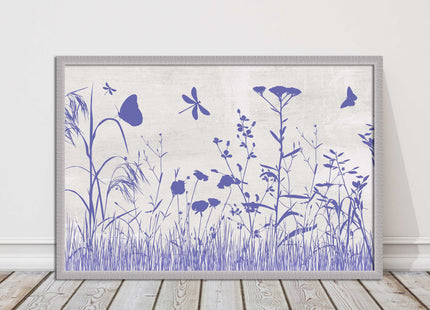 Purple Wild flowers and butterfly. Framed picture with choice of frame colours