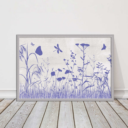 Purple Wild flowers and butterfly. Framed picture with choice of frame colours