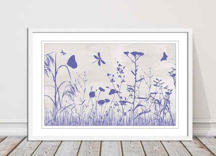 Purple Wild flowers and butterfly. Framed picture with choice of frame colours