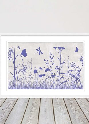 Purple Wild flowers and butterfly. Framed picture with choice of frame colours