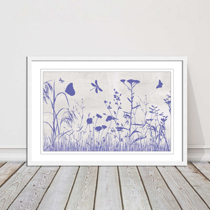 Purple Wild flowers and butterfly. Framed picture with choice of frame colours