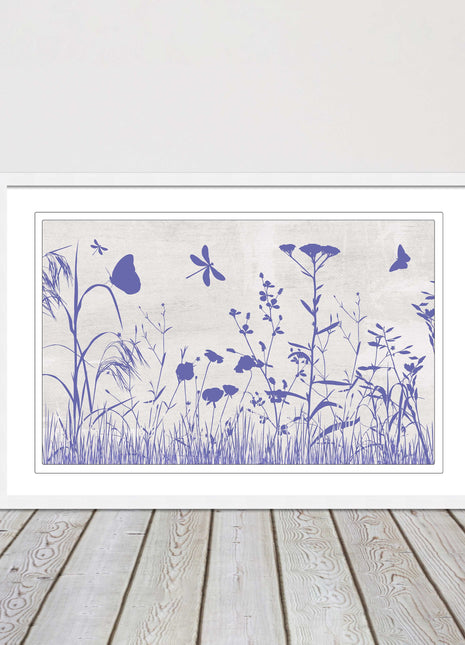 Purple Wild flowers and butterfly. Framed picture with choice of frame colours