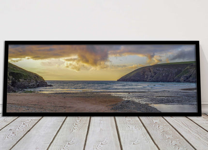 Mawgan Porth at sunset. Panoramic framed picture print. A choice of frames.