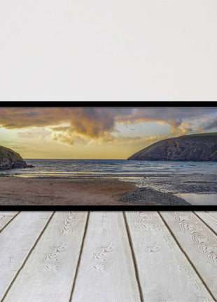 Mawgan Porth at sunset. Panoramic framed picture print. A choice of frames.