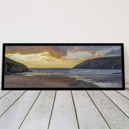 Mawgan Porth at sunset. Panoramic framed picture print. A choice of frames.