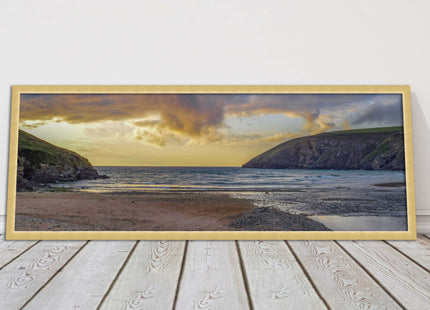 Mawgan Porth at sunset. Panoramic framed picture print. A choice of frames.