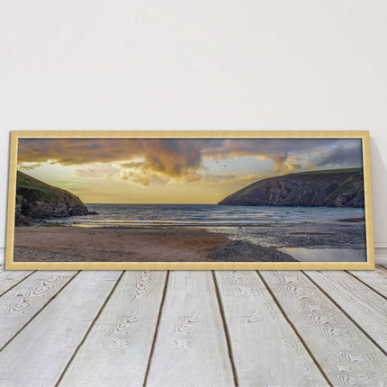 Mawgan Porth at sunset. Panoramic framed picture print. A choice of frames.