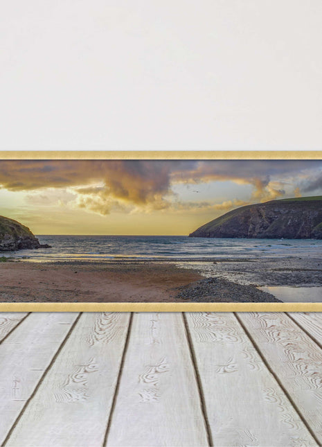 Mawgan Porth at sunset. Panoramic framed picture print. A choice of frames.