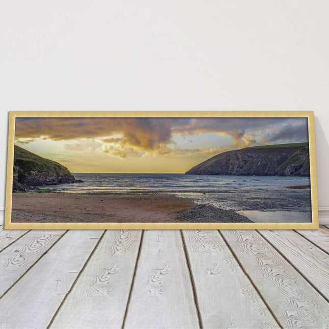 Mawgan Porth at sunset. Panoramic framed picture print. A choice of frames.